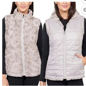 Nicole Miller Original Faux Fur Reversible Vest Ivory Full Zip Pockets XS